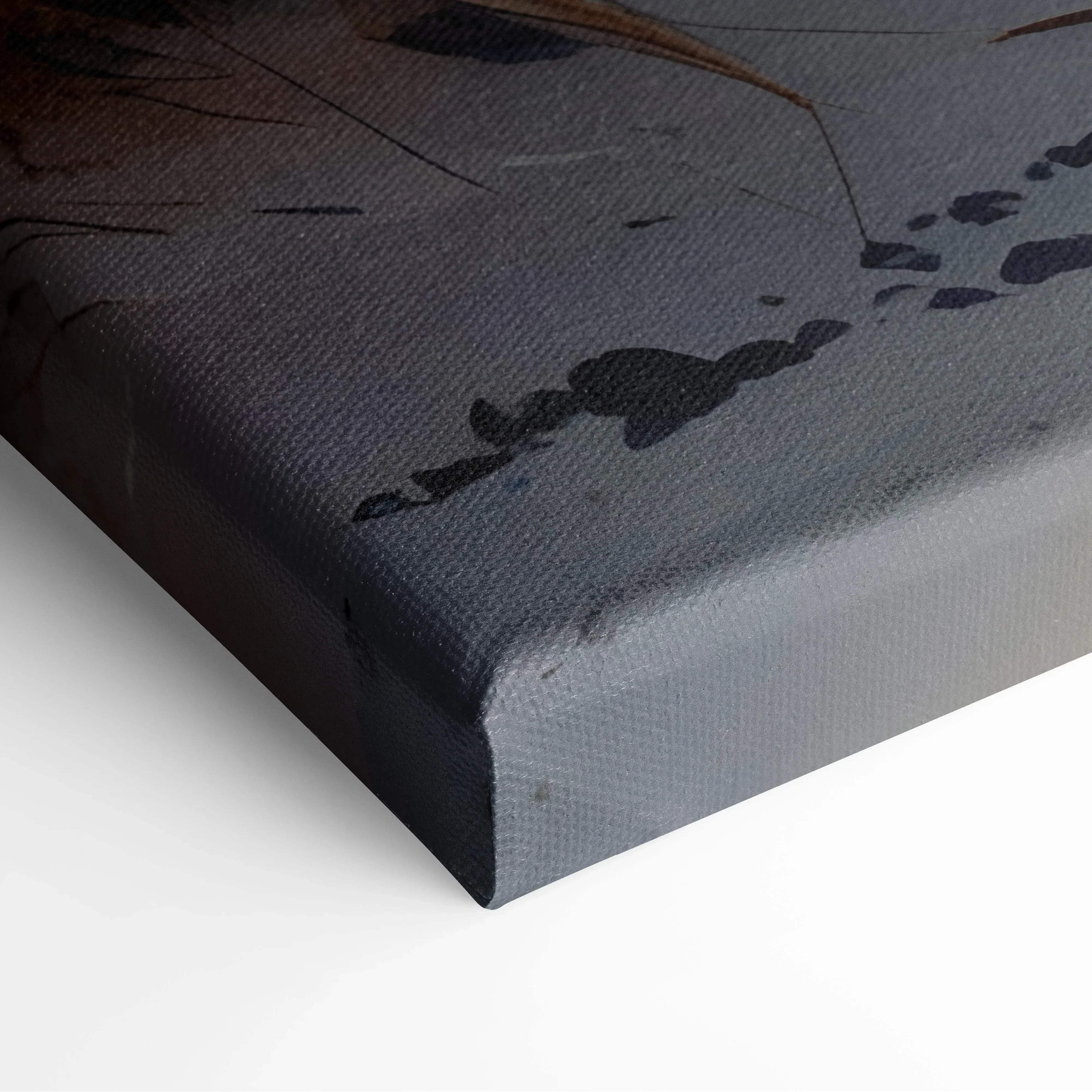 Dark gray canvas painting with textured surface and abstract brushstrokes in warm golden hour hues for wall art