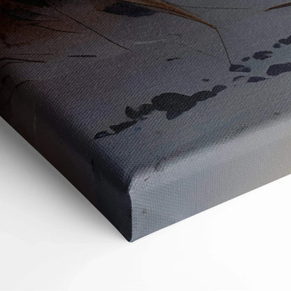 Close-up of canvas wall art corner showing textured surface and wrapped edges with dark watercolor sunset hues.