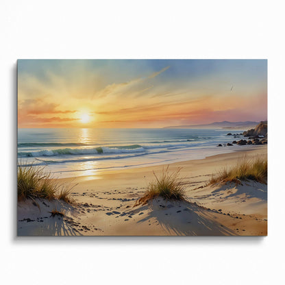 Sunset ocean beach watercolor poster with sandy dunes and soft waves, nature wall art.