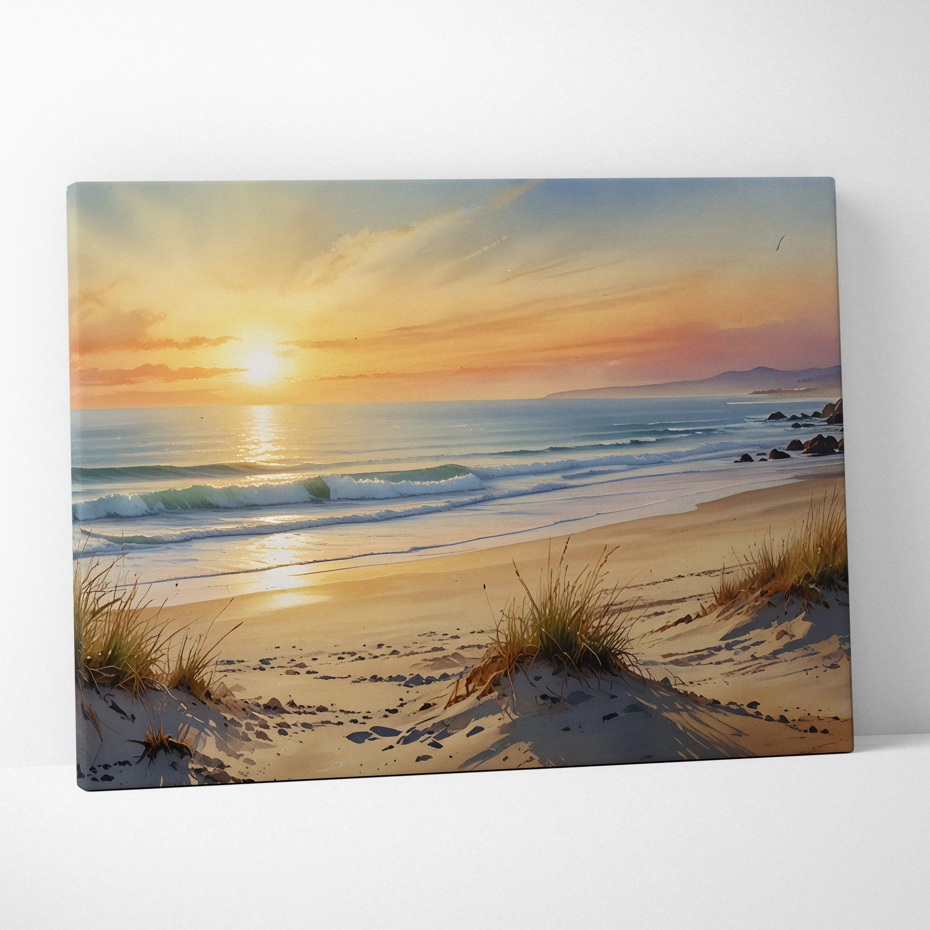Canvas wall art featuring a vibrant watercolor sunset over a serene beach with gentle waves and sand dunes.