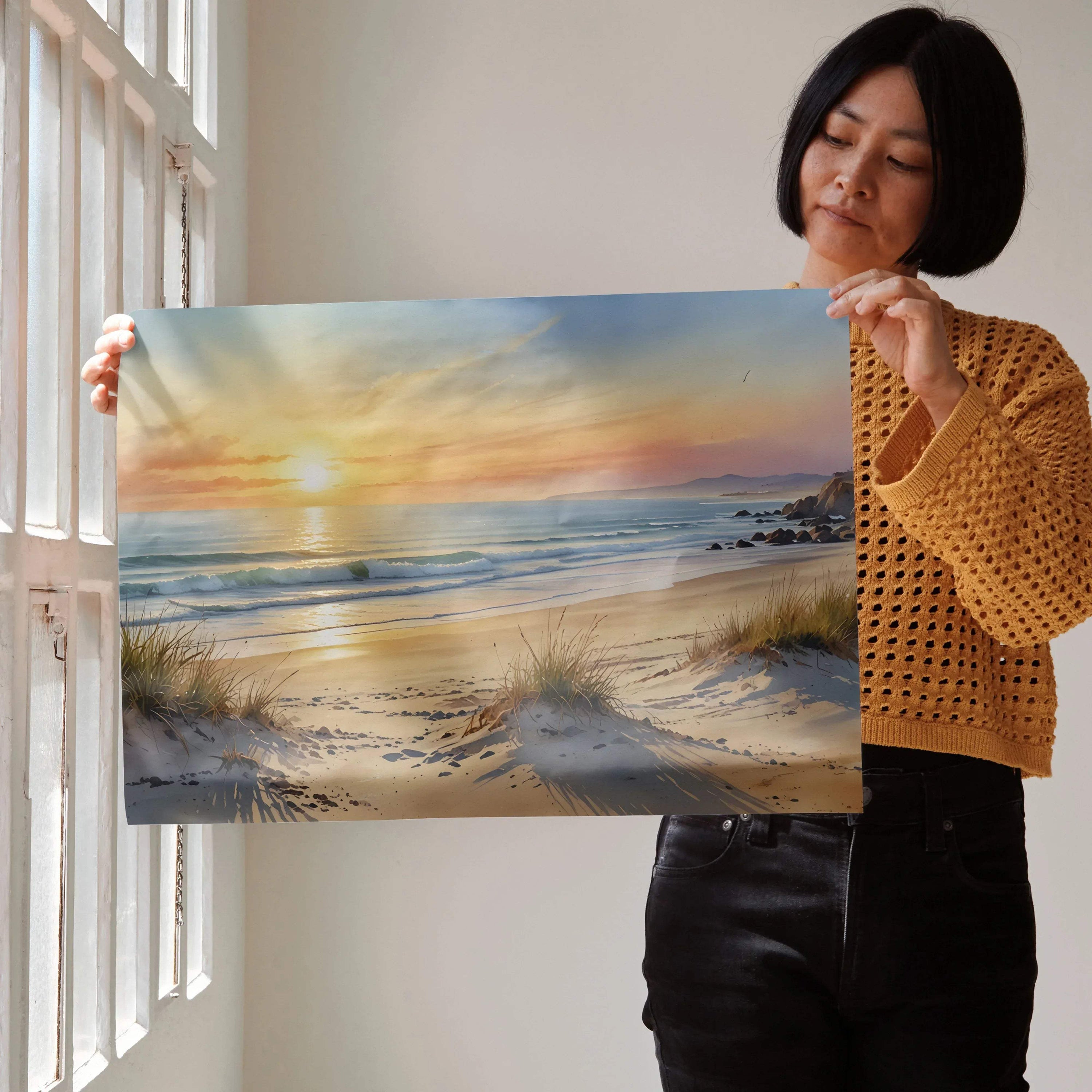 Sunset ocean beach watercolor poster with soft waves and golden light, wall art decor.