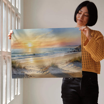 Sunset ocean beach watercolor poster with soft waves and golden light, wall art decor.