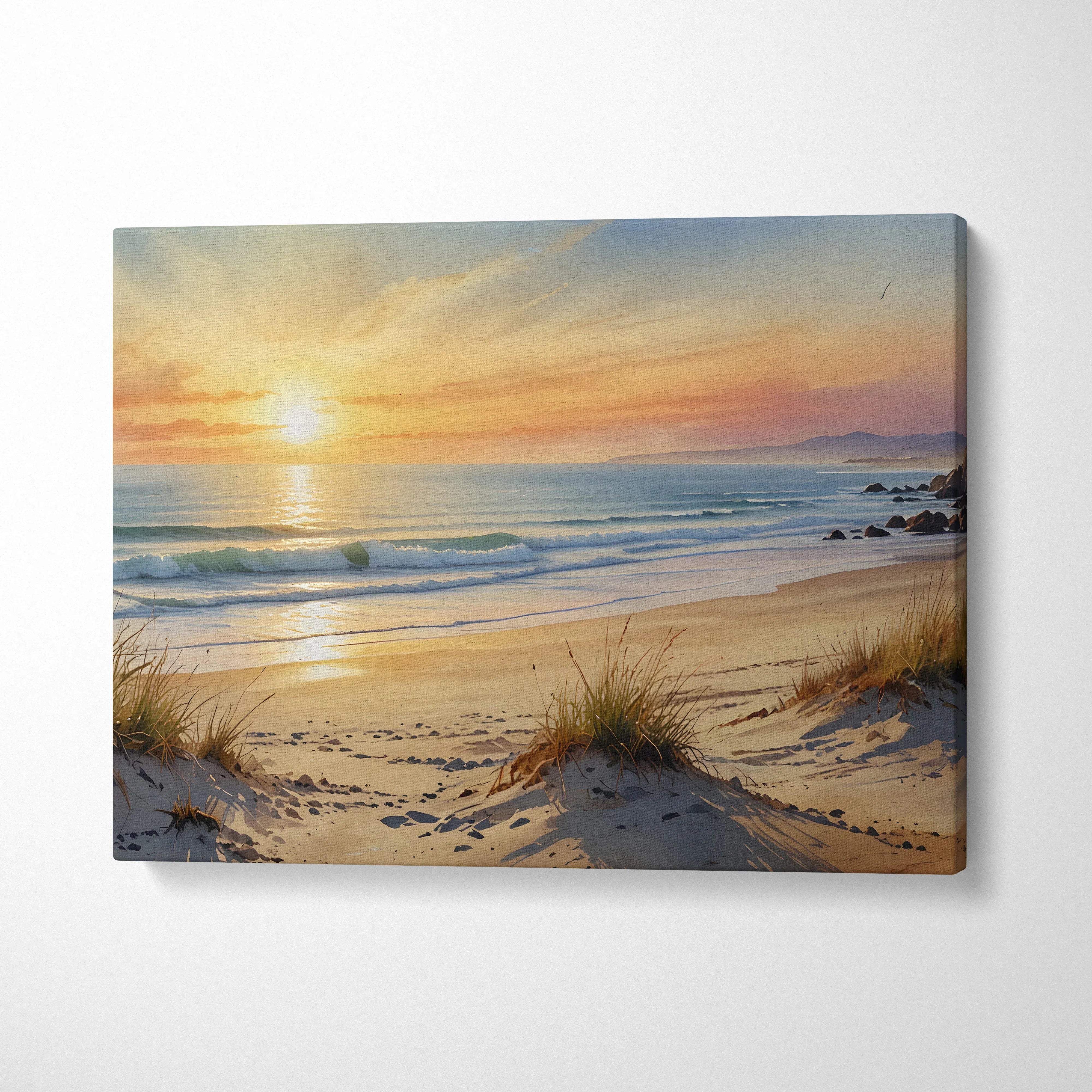 Canvas wall art of a vibrant watercolor sunset over a tranquil beach with sand dunes and gentle waves.