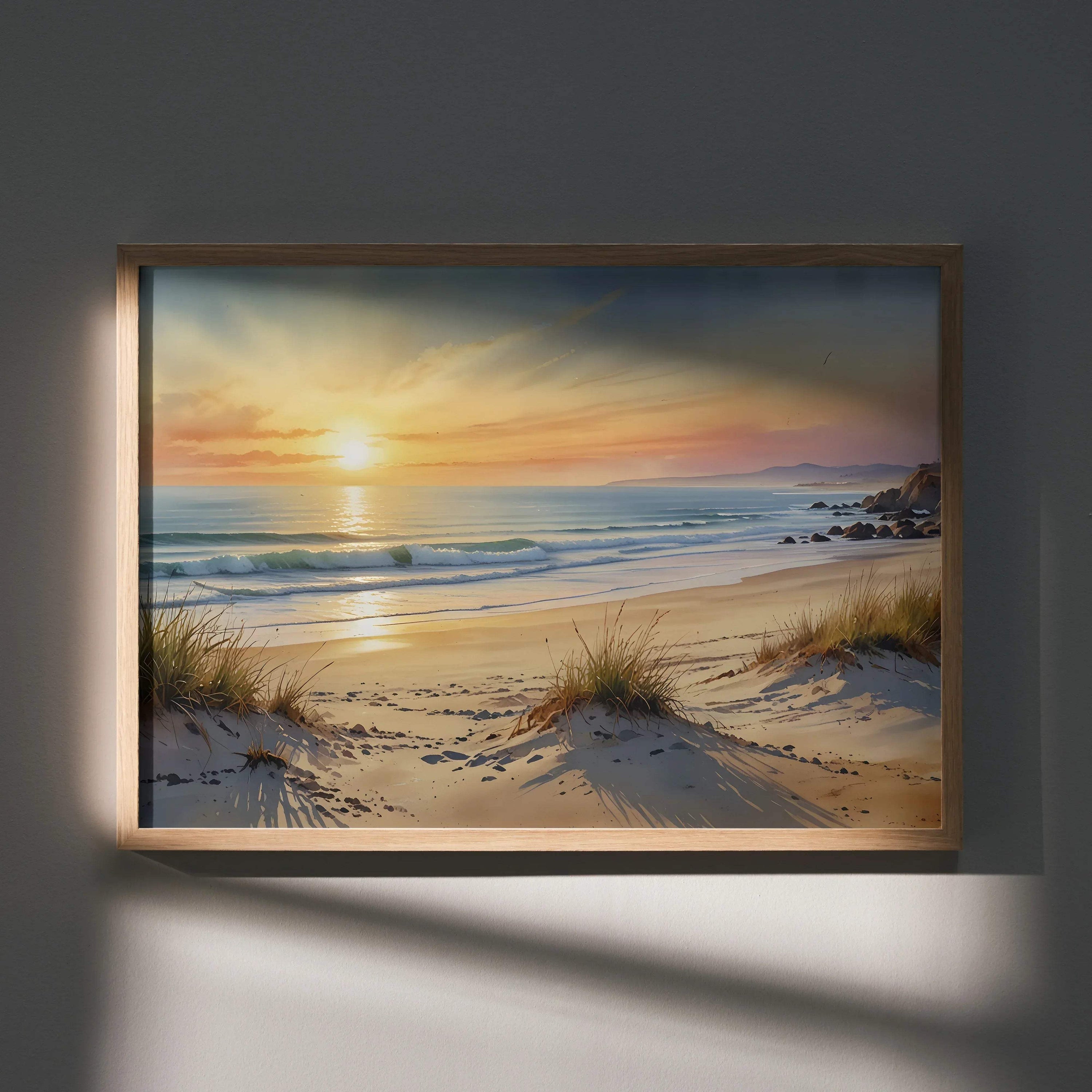 Sunset ocean beach watercolor poster with soft waves, sandy dunes, and warm glowing sky wall art.
