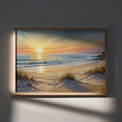 Sunset ocean beach watercolor poster with soft waves, sandy dunes, and warm glowing sky wall art.