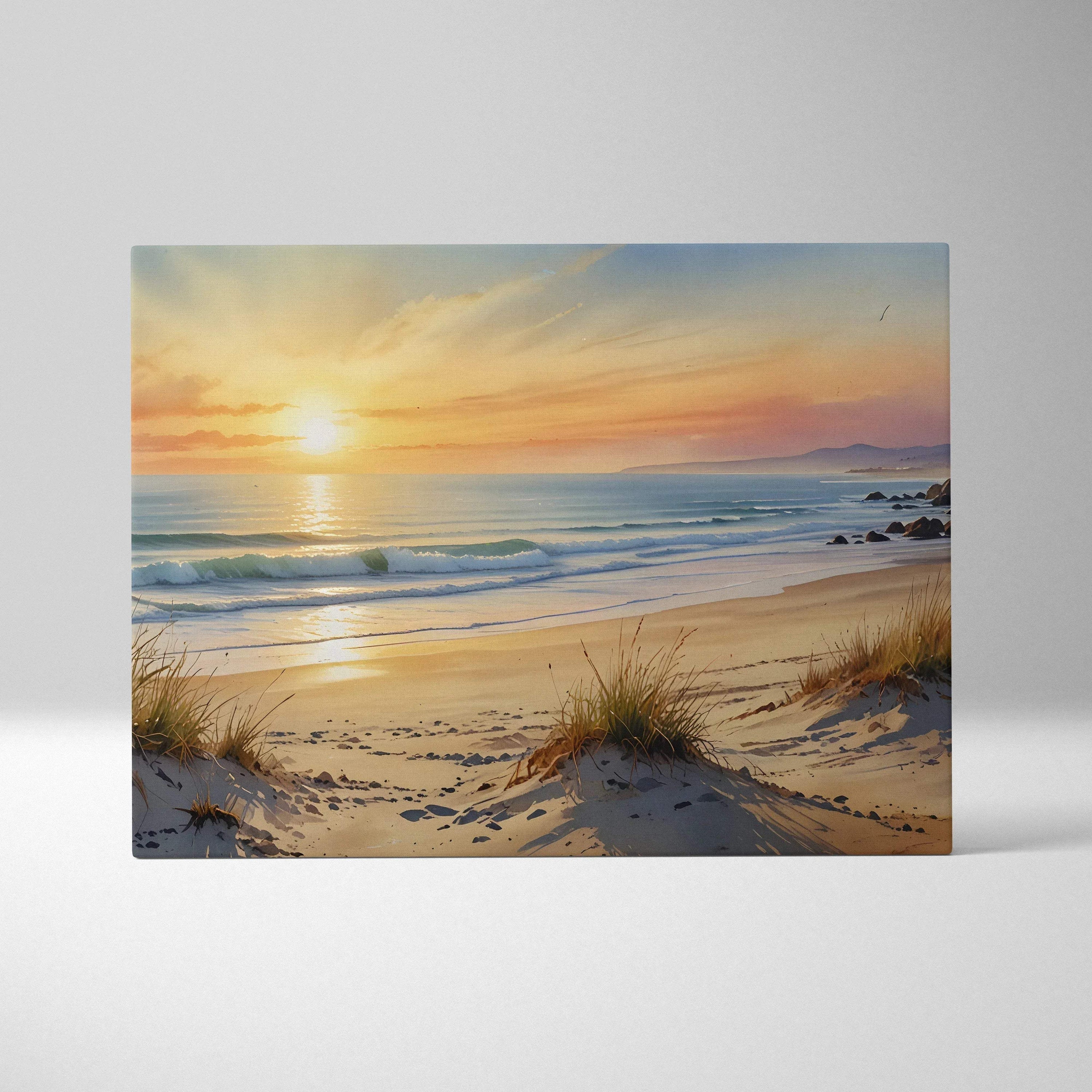 Canvas wall art of vibrant watercolor sunset over a serene sandy beach with gentle waves.
