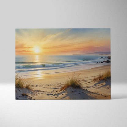 Canvas wall art of vibrant watercolor sunset over a serene sandy beach with gentle waves.