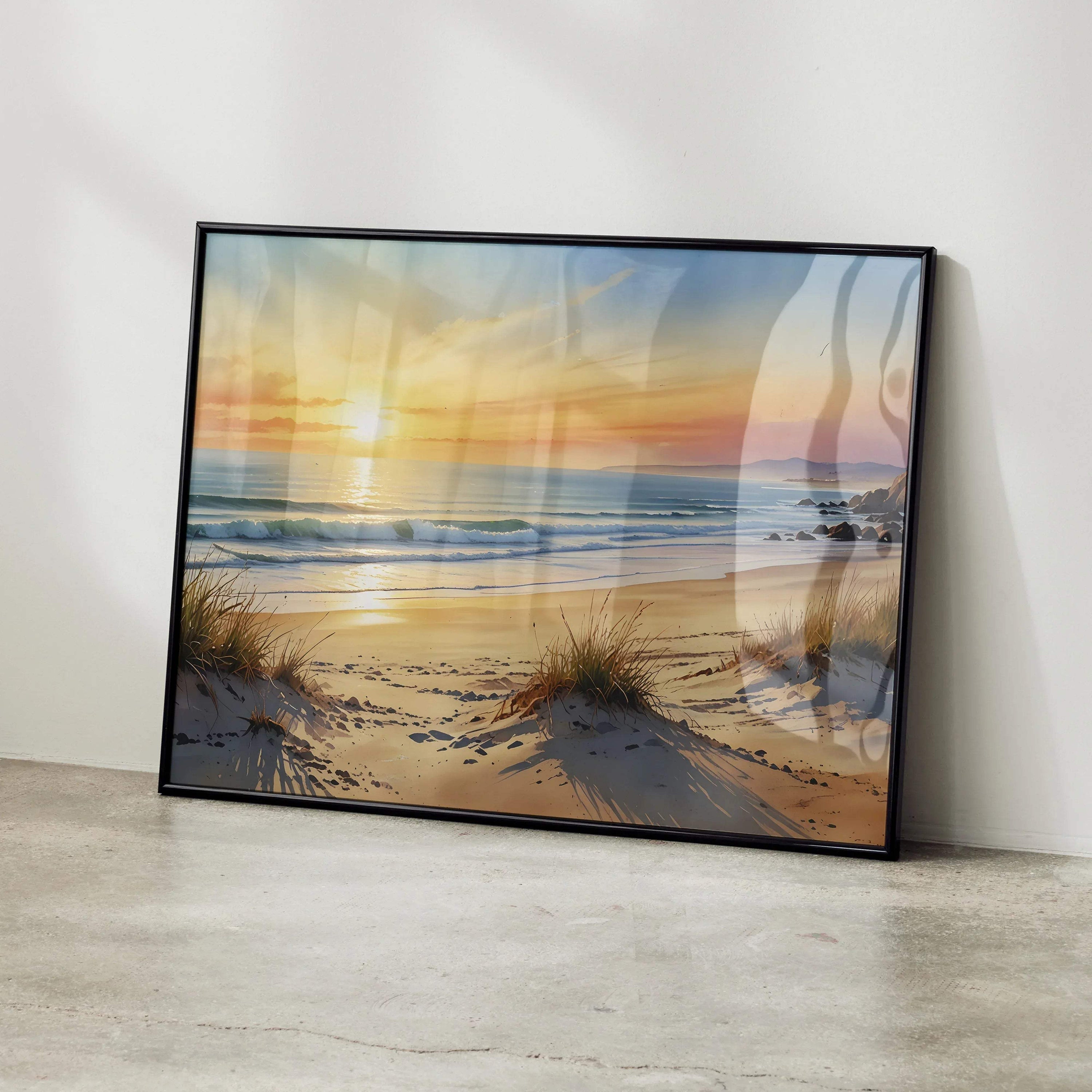 Sunset ocean beach watercolor art poster with sandy dunes and soft waves in warm tones.
