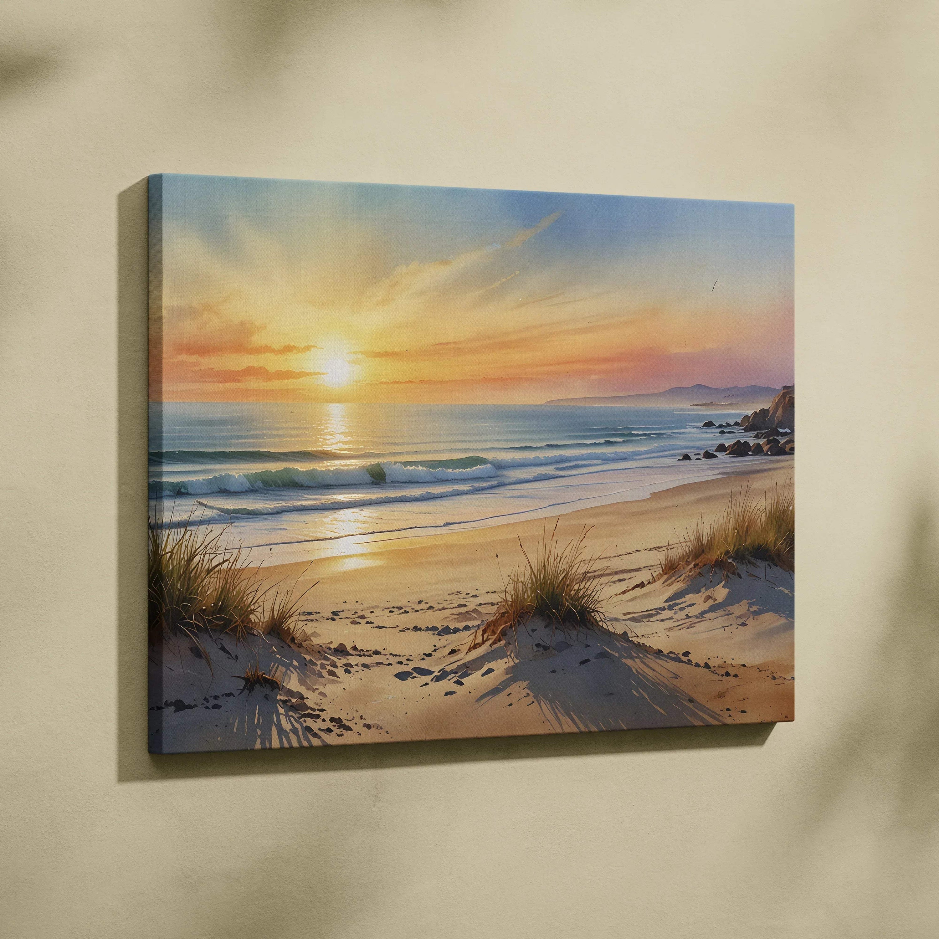 Canvas wall art featuring a vibrant watercolor sunset over a sandy beach with gentle waves and coastal grasses.