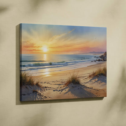 Canvas wall art featuring a vibrant watercolor sunset over a sandy beach with gentle waves and coastal grasses.