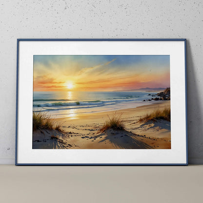 Sunset ocean beach watercolor art poster with warm sky and sandy dunes wall art.