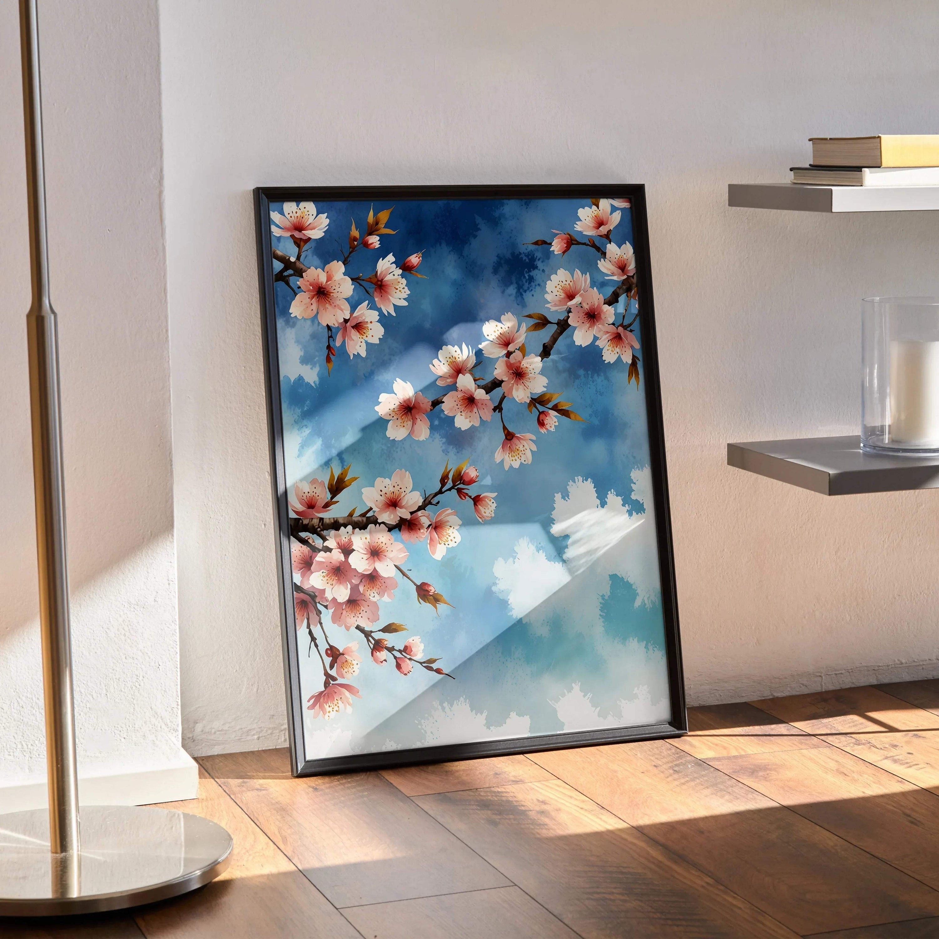 Vertical watercolor cherry blossom floral poster with delicate pink flowers against a blue sky wall art.