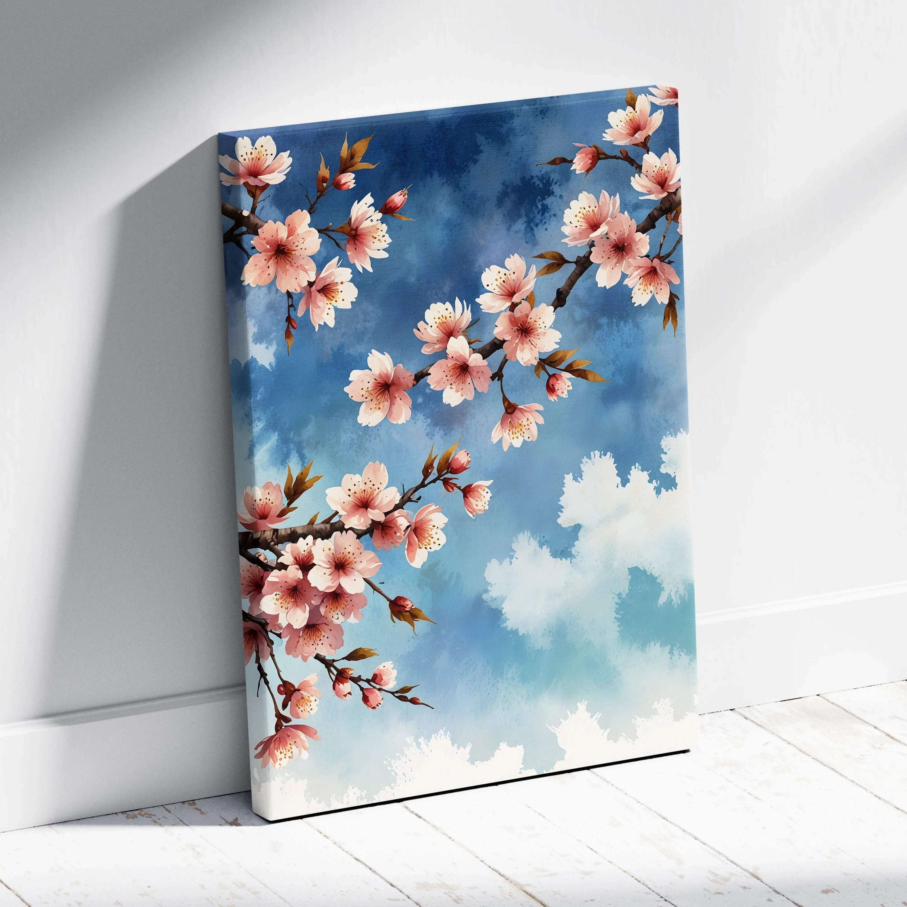 Vertical canvas wall art featuring vibrant cherry blossoms against a blue sky background.