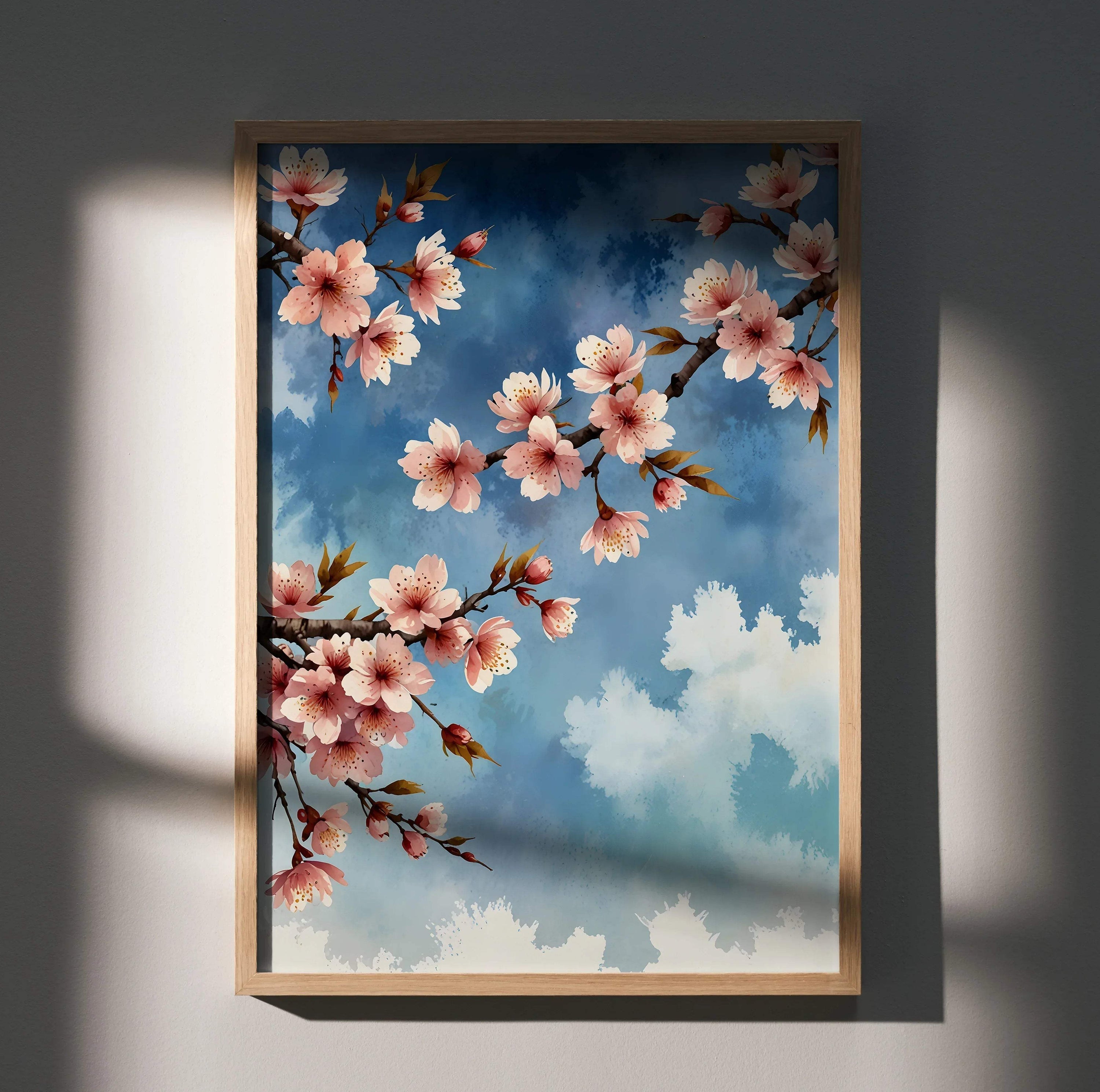 Watercolor cherry blossom floral poster with pink blooms against blue sky wall art.