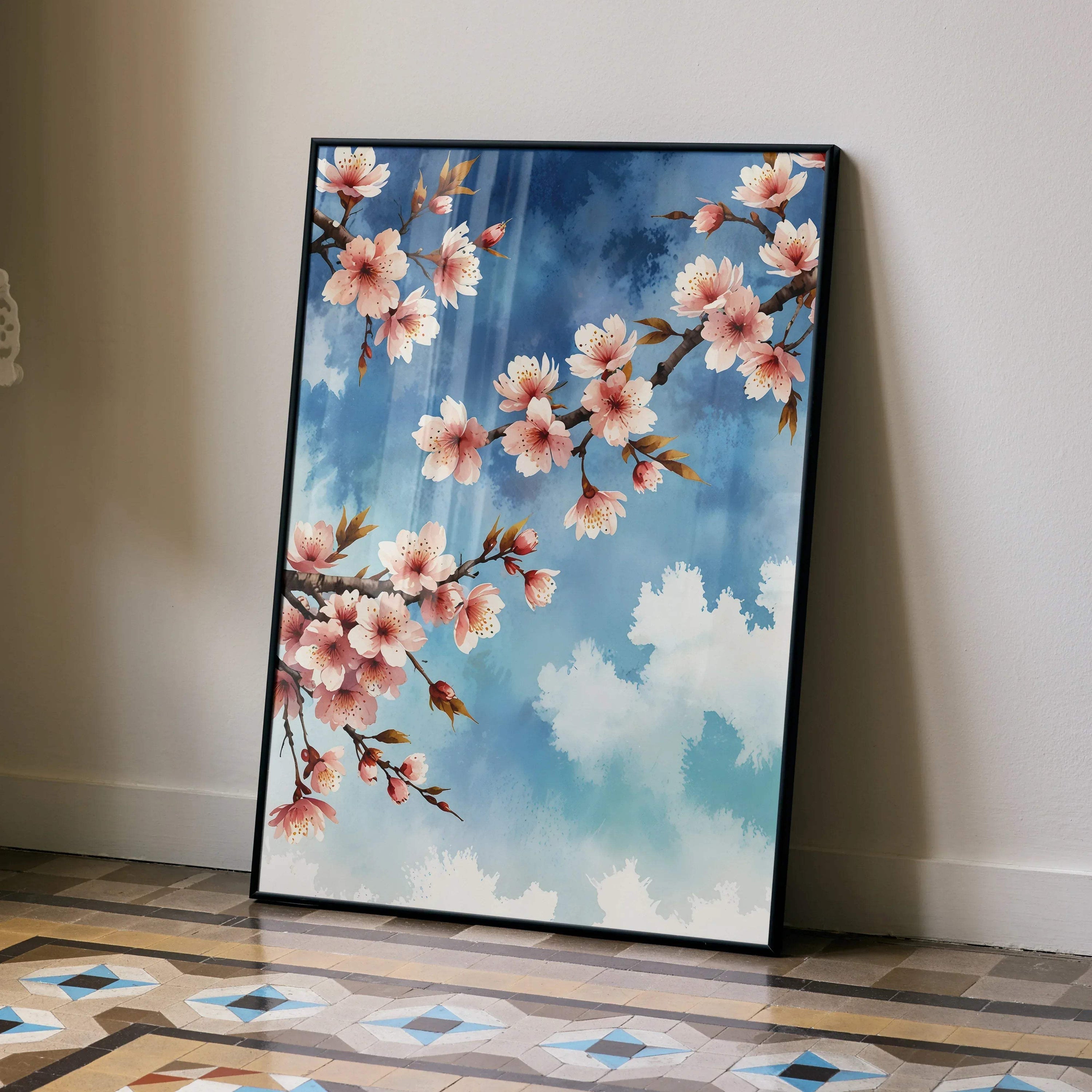 Vertical watercolor cherry blossom floral wall art poster with pink flowers against a blue sky background.