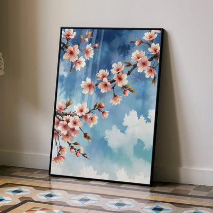 Vertical watercolor cherry blossom floral wall art poster with pink flowers against a blue sky background.