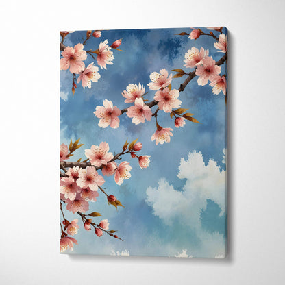 Cherry blossom branches with pink flowers against a blue sky on canvas wall art.