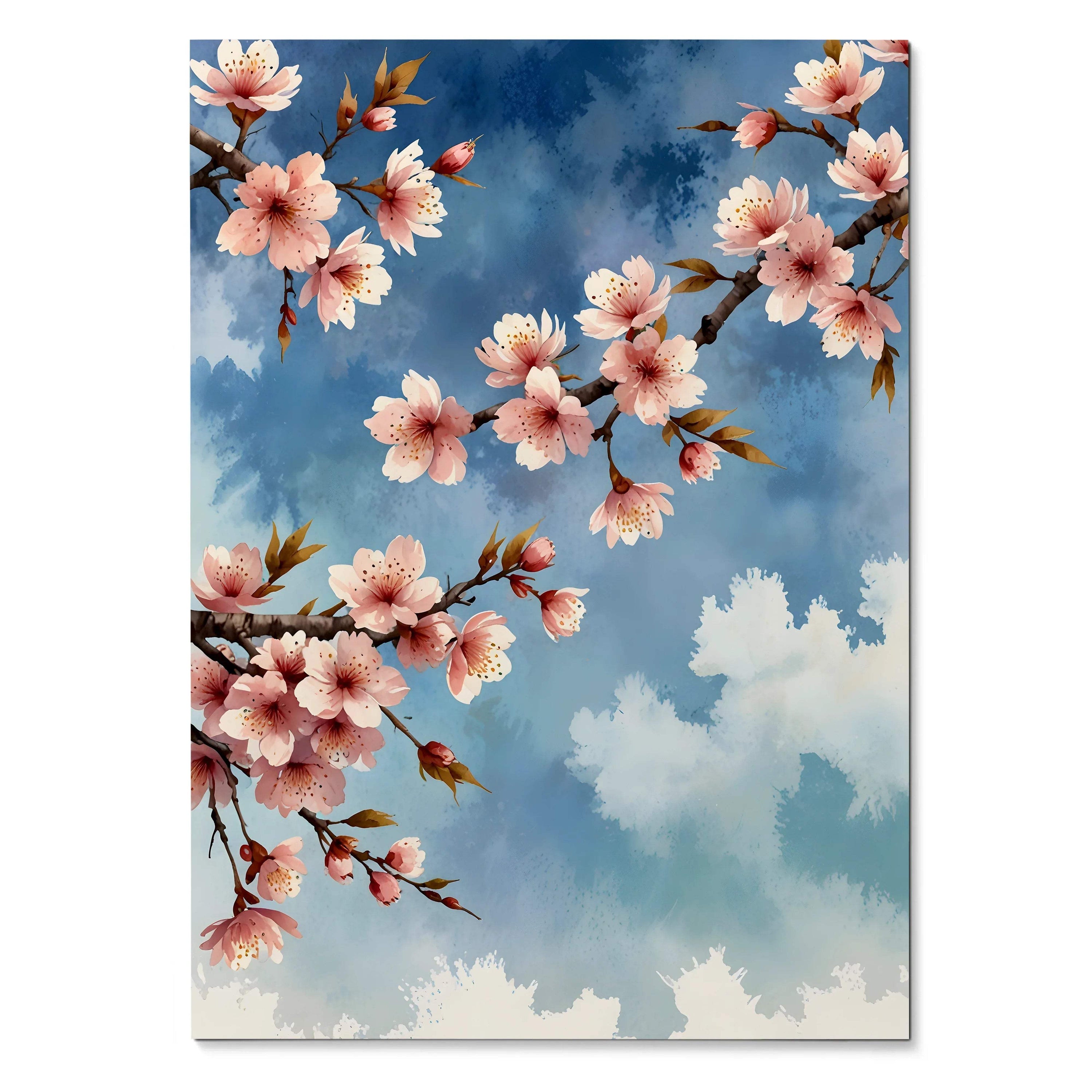 Vertical watercolor cherry blossom floral wall art poster with pink flowers on blue sky background.