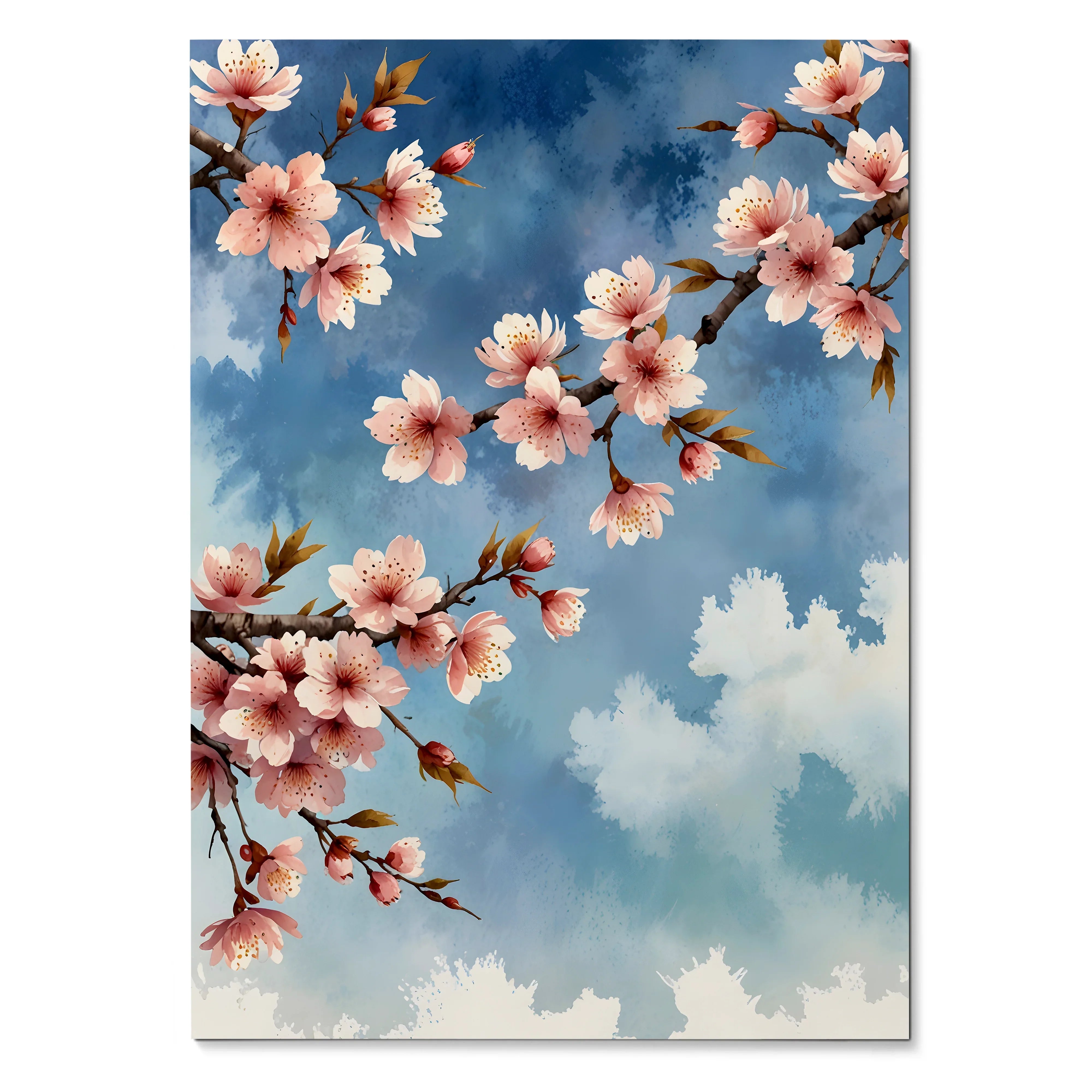 Vertical watercolor cherry blossom floral wall art poster with pink flowers on blue sky background.