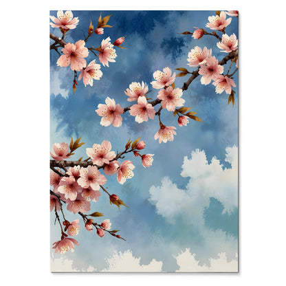 Vertical watercolor cherry blossom floral wall art poster with pink flowers on blue sky background.