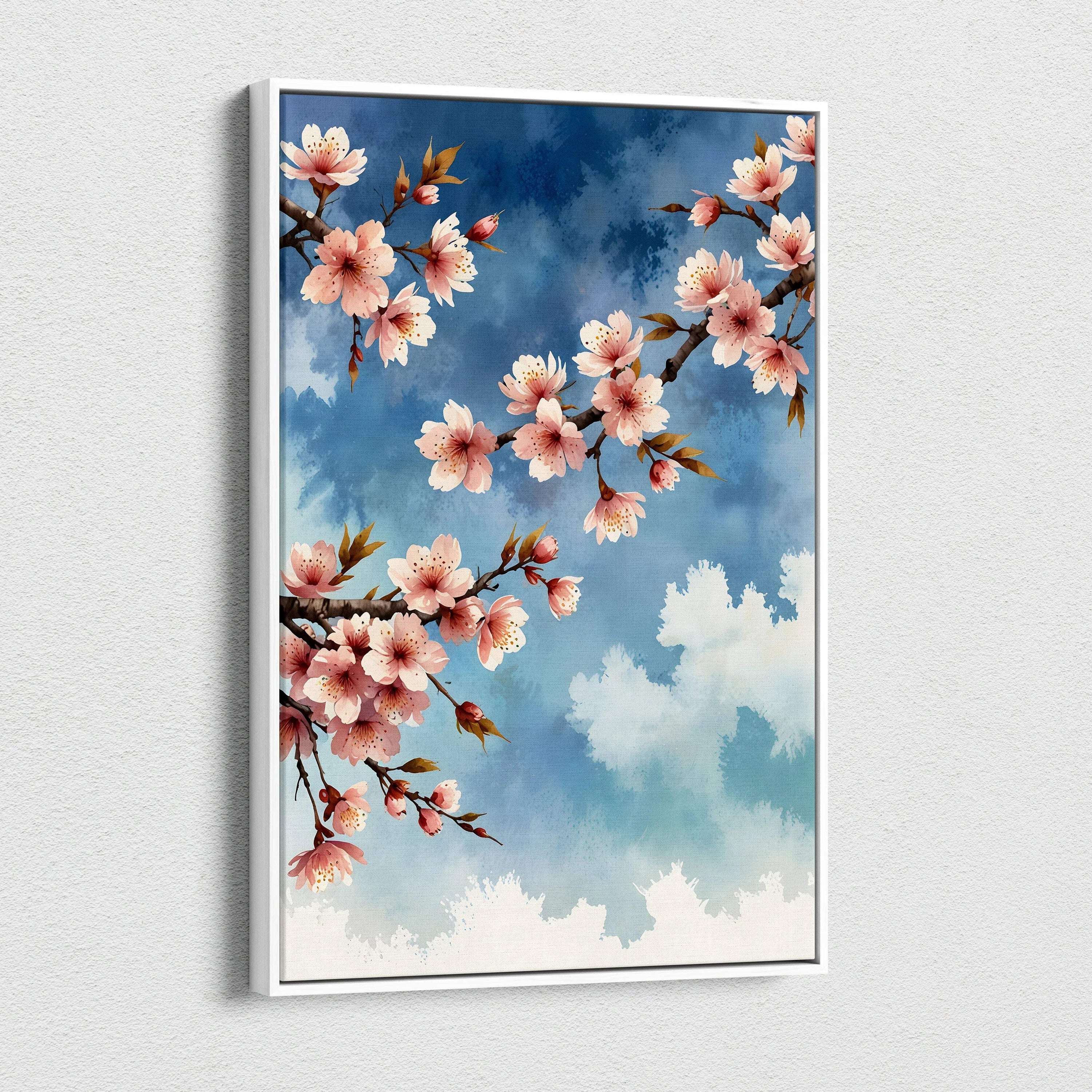 Vertical canvas wall art featuring vibrant pink cherry blossoms against a blue sky background.