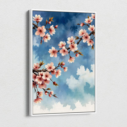 Vertical canvas wall art featuring vibrant pink cherry blossoms against a blue sky background.