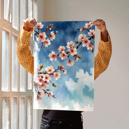 Vertical watercolor cherry blossom floral wall art poster with blue sky background.