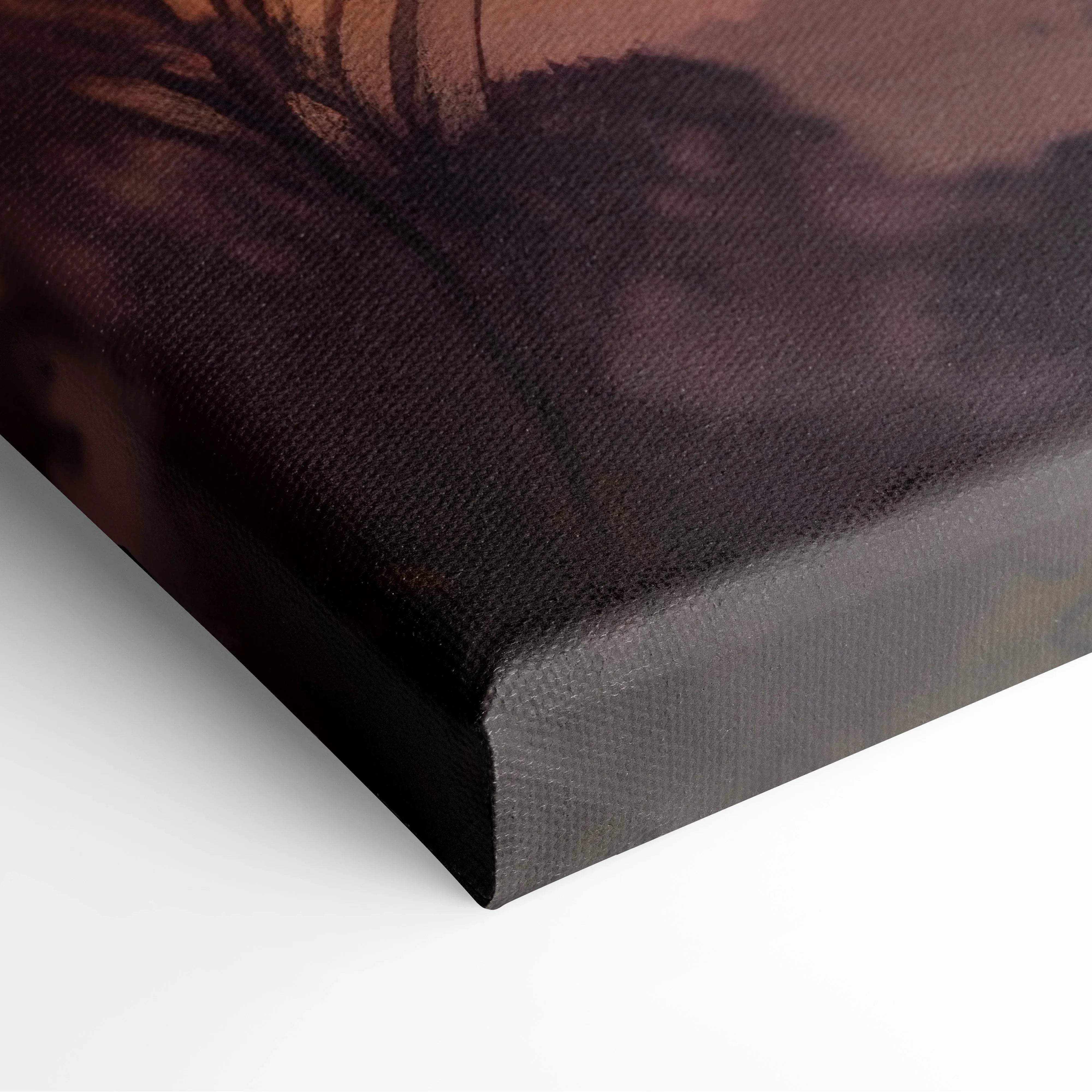 Dark brown canvas wall art with textured surface featuring dreamy sunset butterfly flight in warm orange and pink tones
