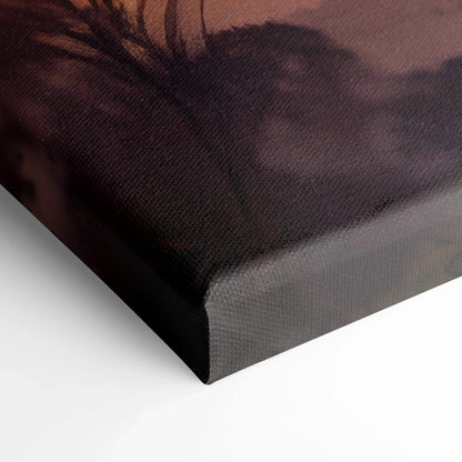 Close-up of sunset digital art on textured canvas with dark silhouetted tree for wall art.