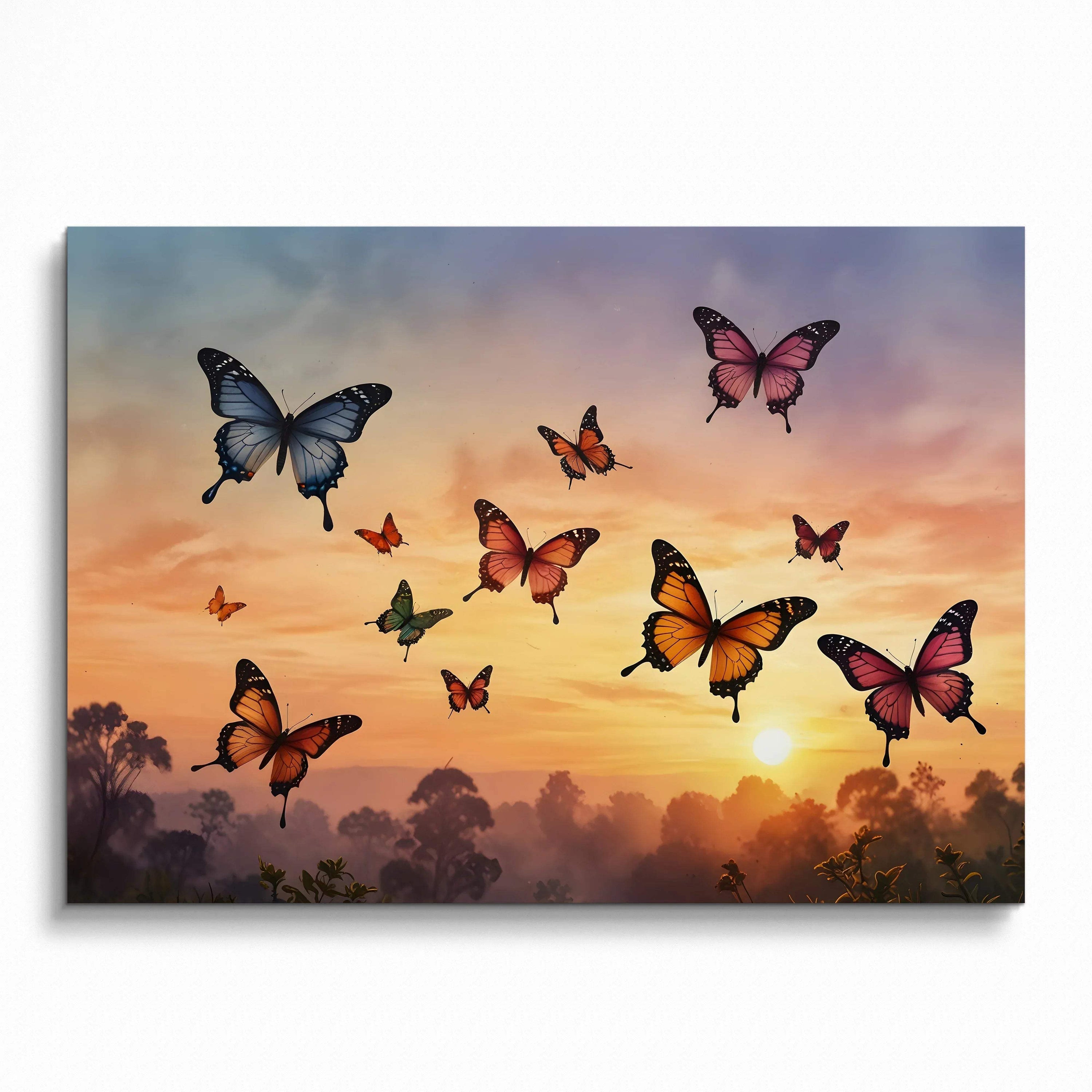 Sunset butterflies watercolor poster with vibrant orange, pink, and blue hues in nature wall art.