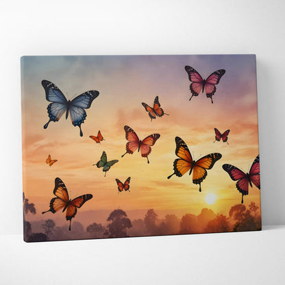 Sunset canvas wall art with colorful butterflies flying over silhouetted trees.