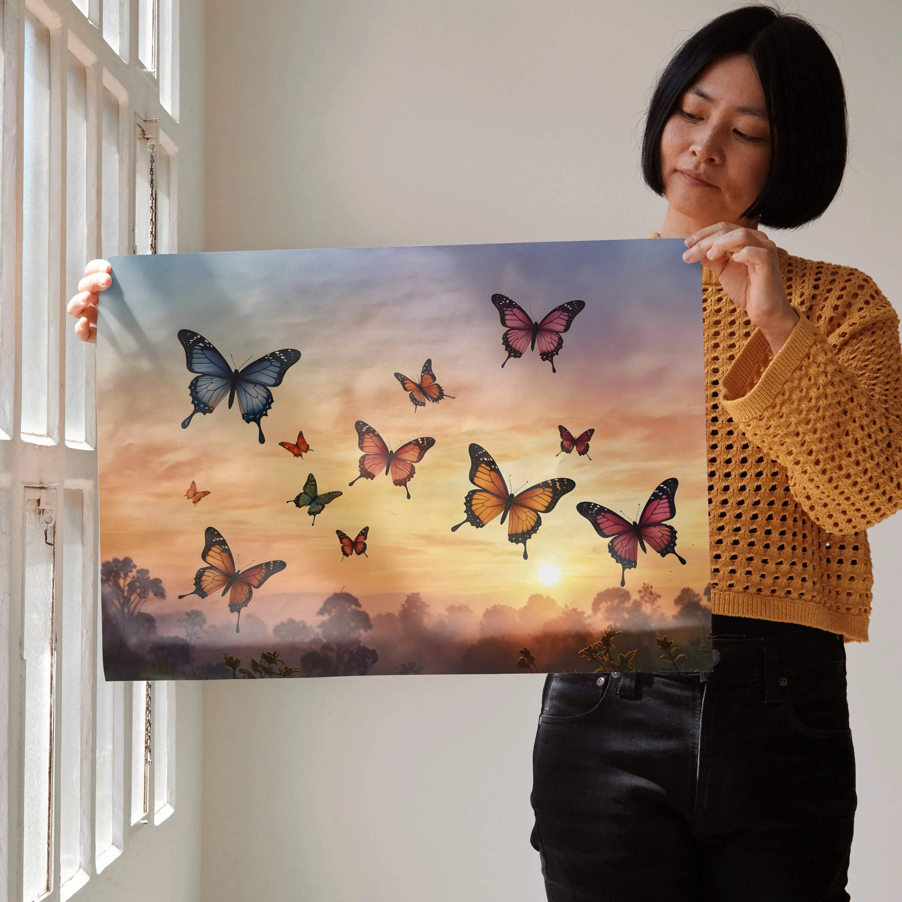 Sunset Butterflies watercolor digital art poster with vibrant butterflies over soft sunset sky wall art.