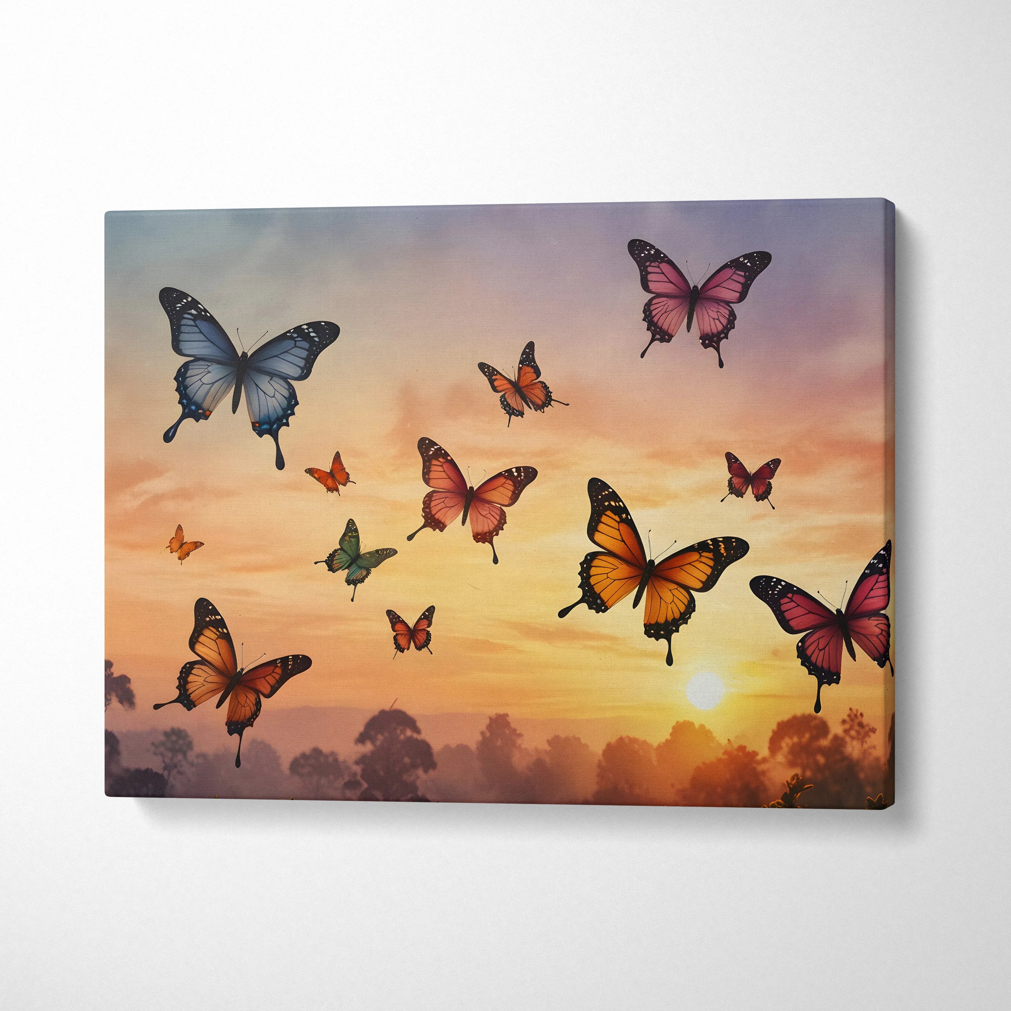 Canvas wall art featuring colorful butterflies flying over a vibrant sunset landscape in watercolor style.
