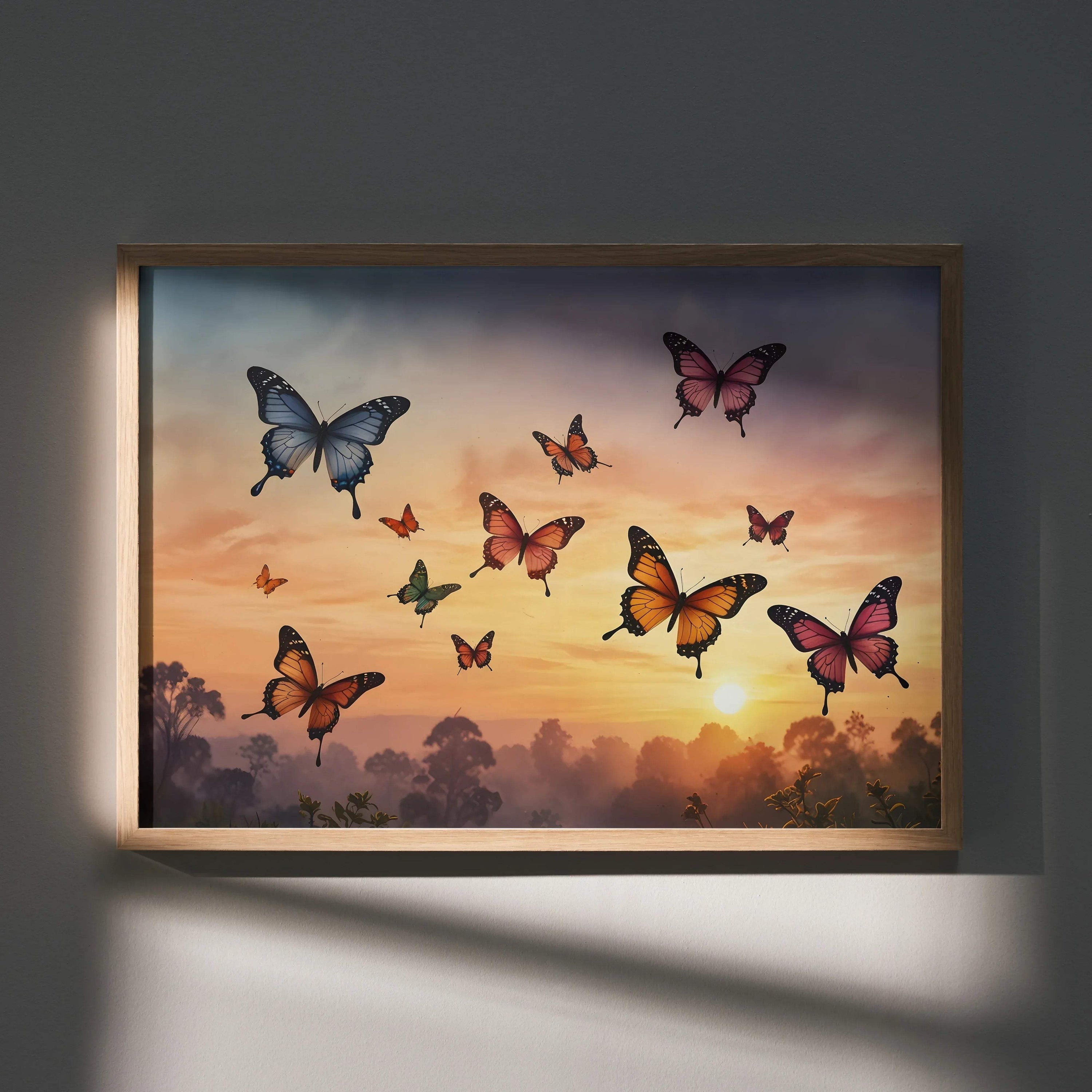 Sunset butterflies watercolor poster with vibrant orange and purple tones, nature-inspired wall art.