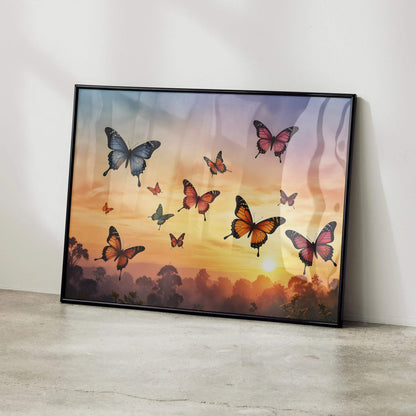Sunset Butterflies watercolor poster with vibrant orange, pink, and blue butterflies over a glowing sunset sky wall art.