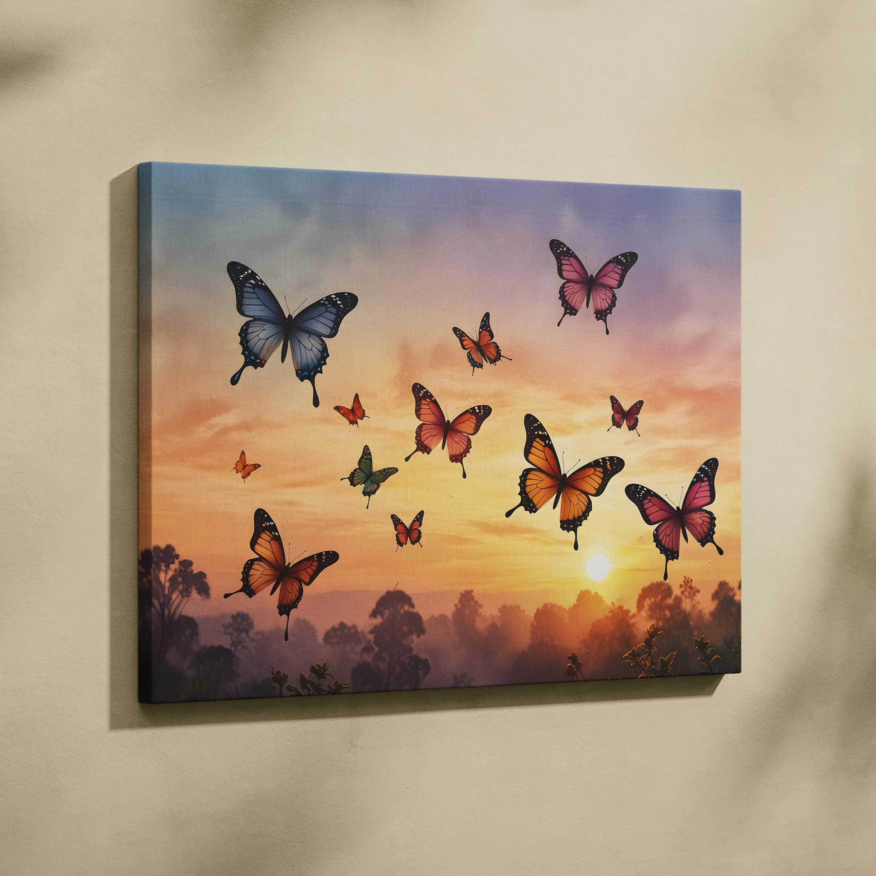 Canvas wall art featuring vibrant butterflies over a watercolor sunset sky with silhouetted trees.