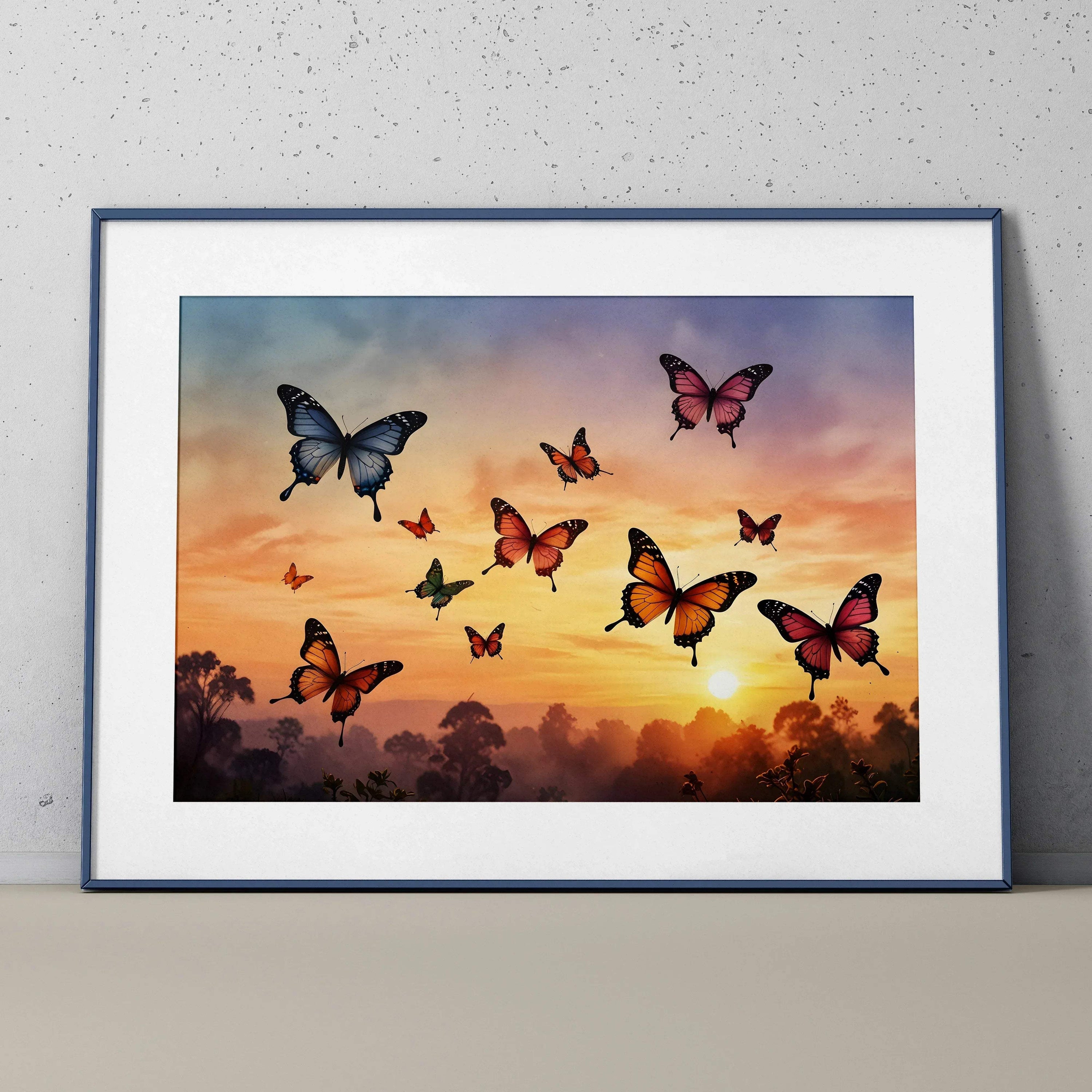 Watercolor poster wall art featuring colorful butterflies flying over a vibrant sunset sky.
