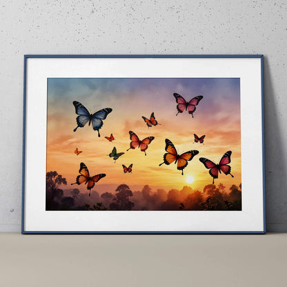 Watercolor poster wall art featuring colorful butterflies flying over a vibrant sunset sky.