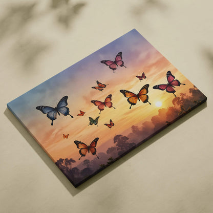 Canvas wall art featuring colorful butterflies flying over a vibrant sunset sky with watercolor-style clouds.