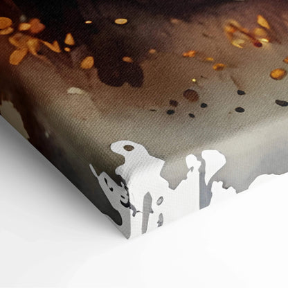 Autumn forest watercolor canvas wall art with orange leaves and dark shadow accents.