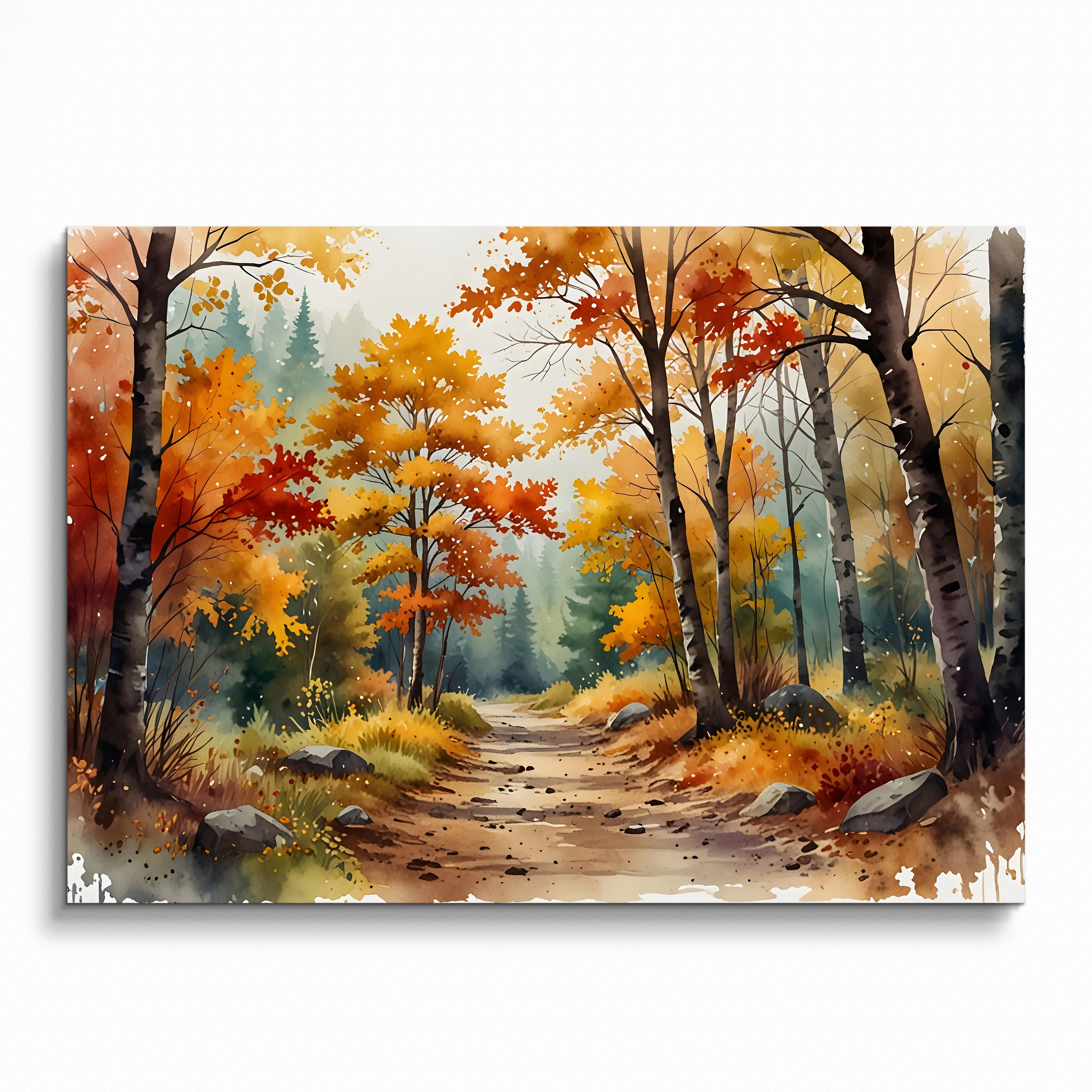 Autumn forest watercolor poster with vibrant orange and yellow trees along a woodland path wall art.