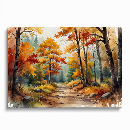 Autumn forest watercolor poster with vibrant orange and yellow trees along a woodland path wall art.