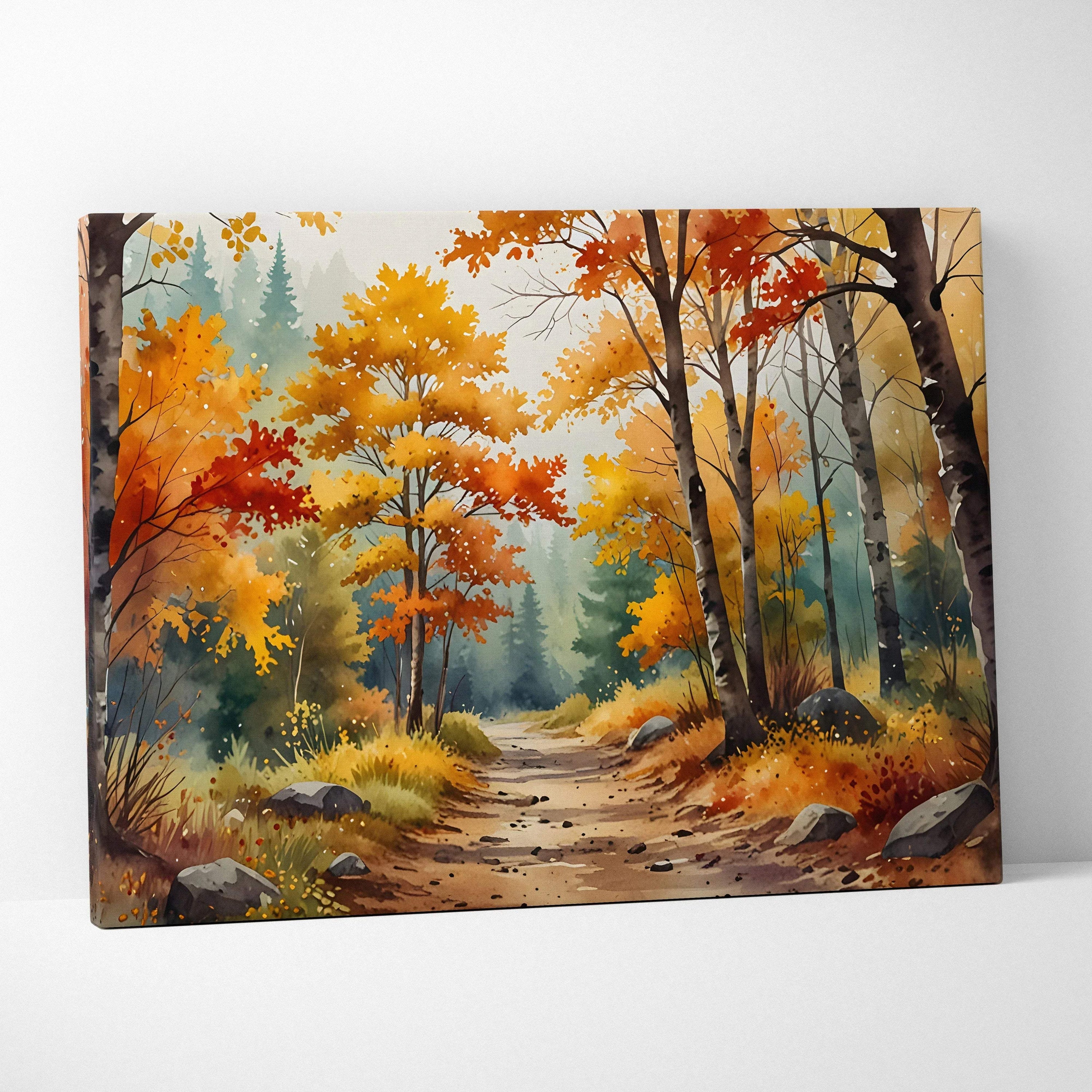 Autumn forest watercolor canvas wall art with vibrant orange and yellow trees along a winding path.