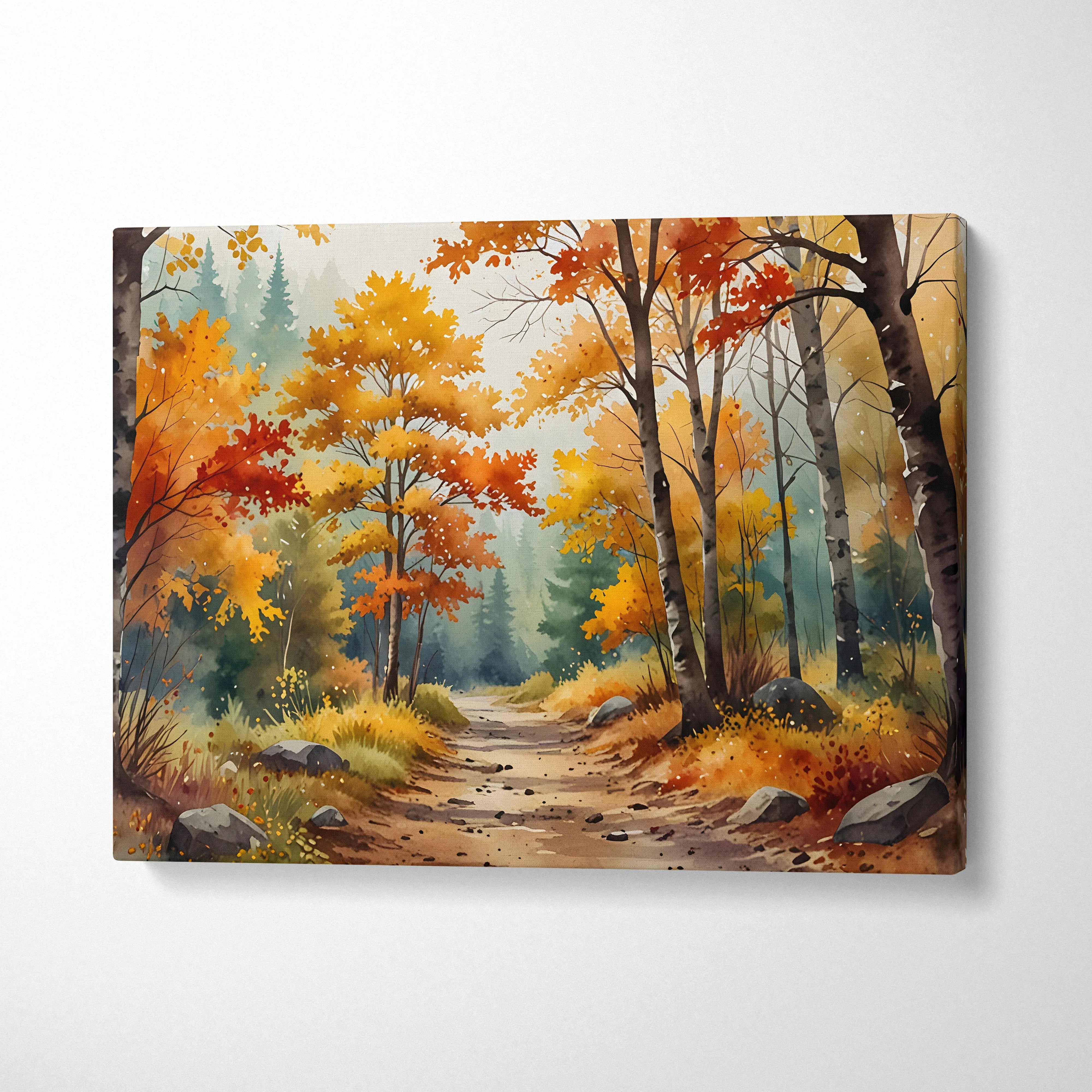 Autumn forest watercolor canvas wall art featuring colorful fall trees and a winding path.
