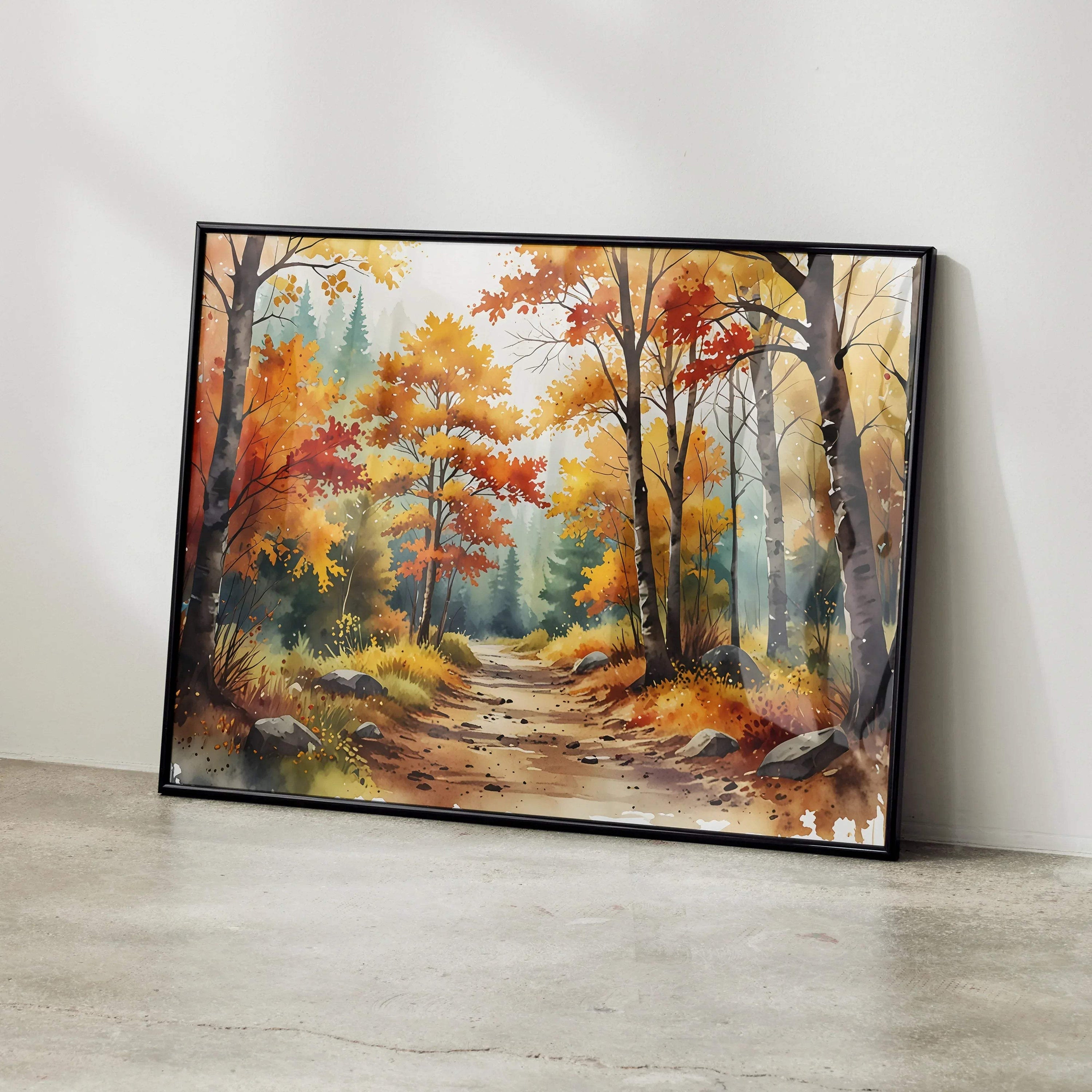 Autumn forest watercolor digital art poster with vibrant orange and yellow trees, wall art in black frame.