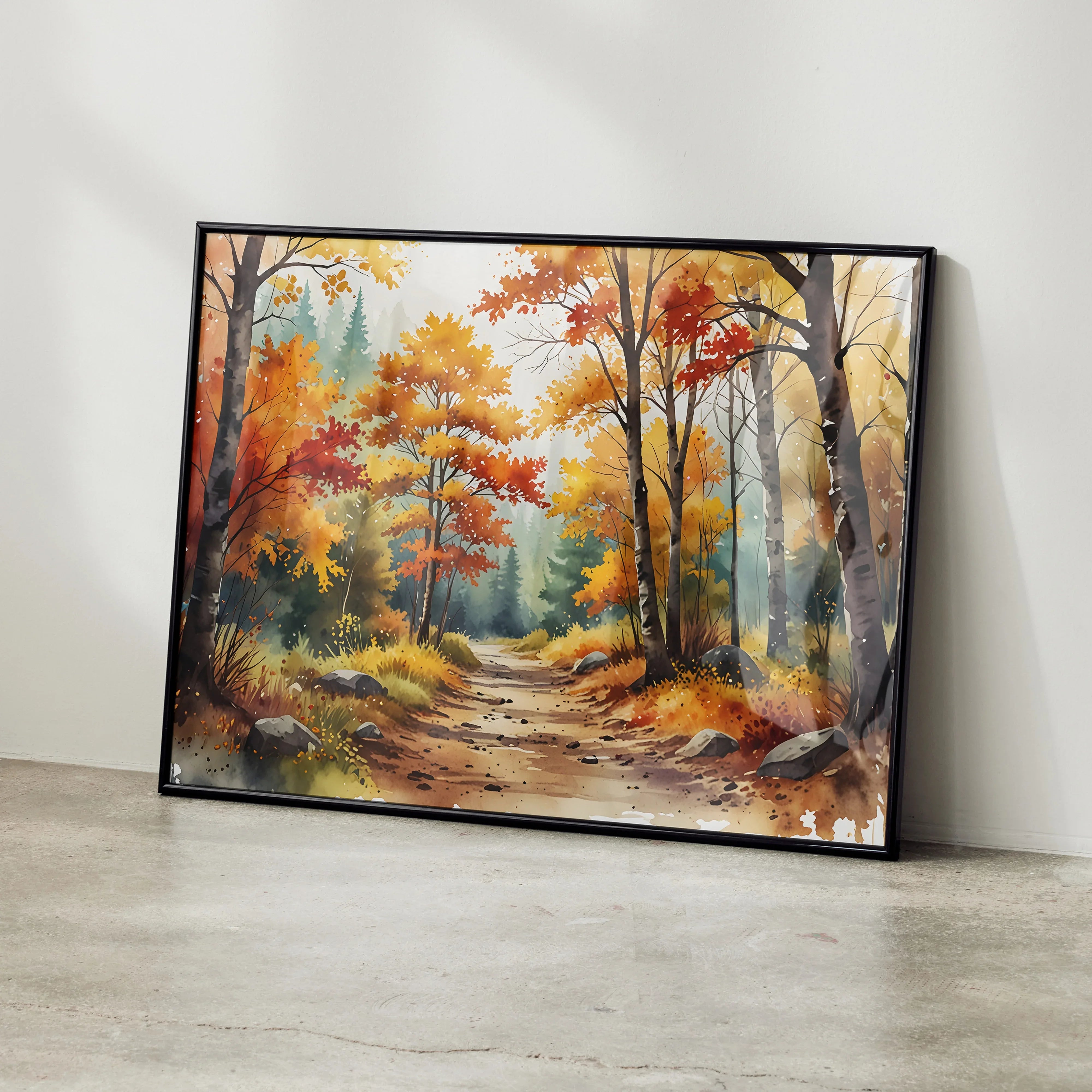 Autumn forest watercolor digital art poster with vibrant orange and yellow trees, wall art in black frame.