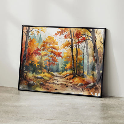 Autumn forest watercolor digital art poster with vibrant orange and yellow trees, wall art in black frame.