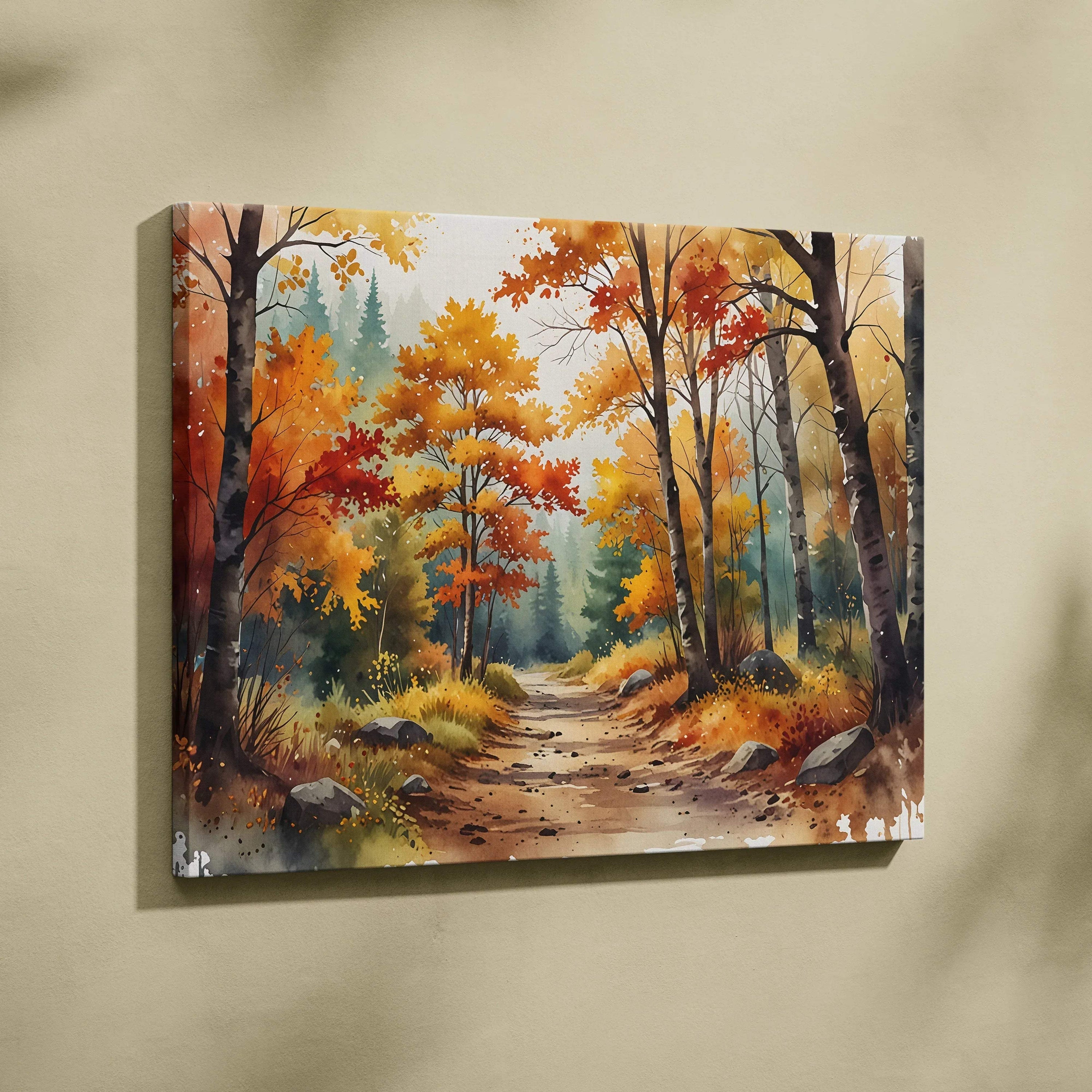 Autumn forest watercolor canvas wall art with vibrant orange and yellow trees along a woodland path.
