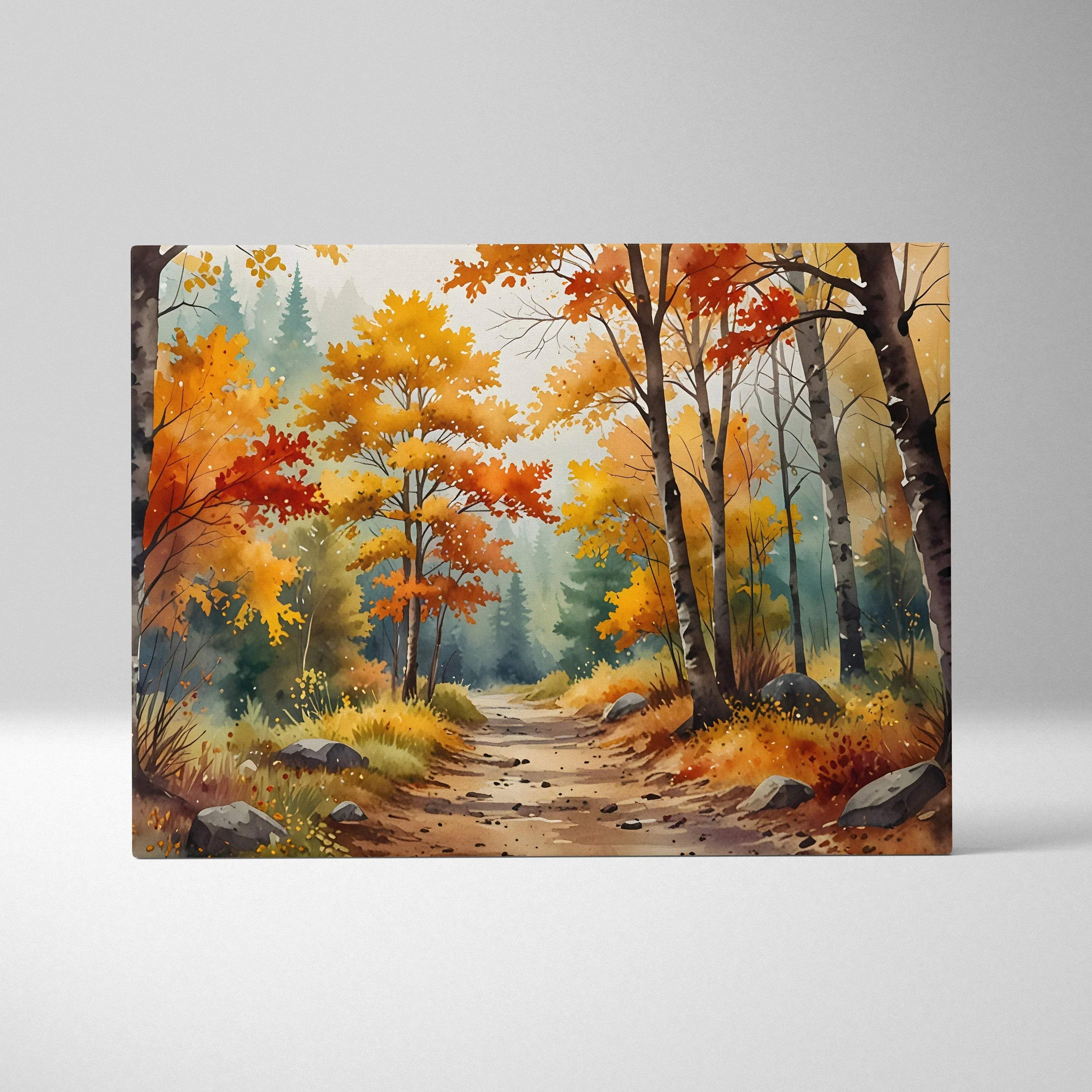 Autumn forest scene with vibrant orange and yellow trees on watercolor canvas wall art.
