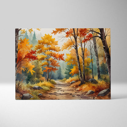 Autumn forest scene with vibrant orange and yellow trees on watercolor canvas wall art.